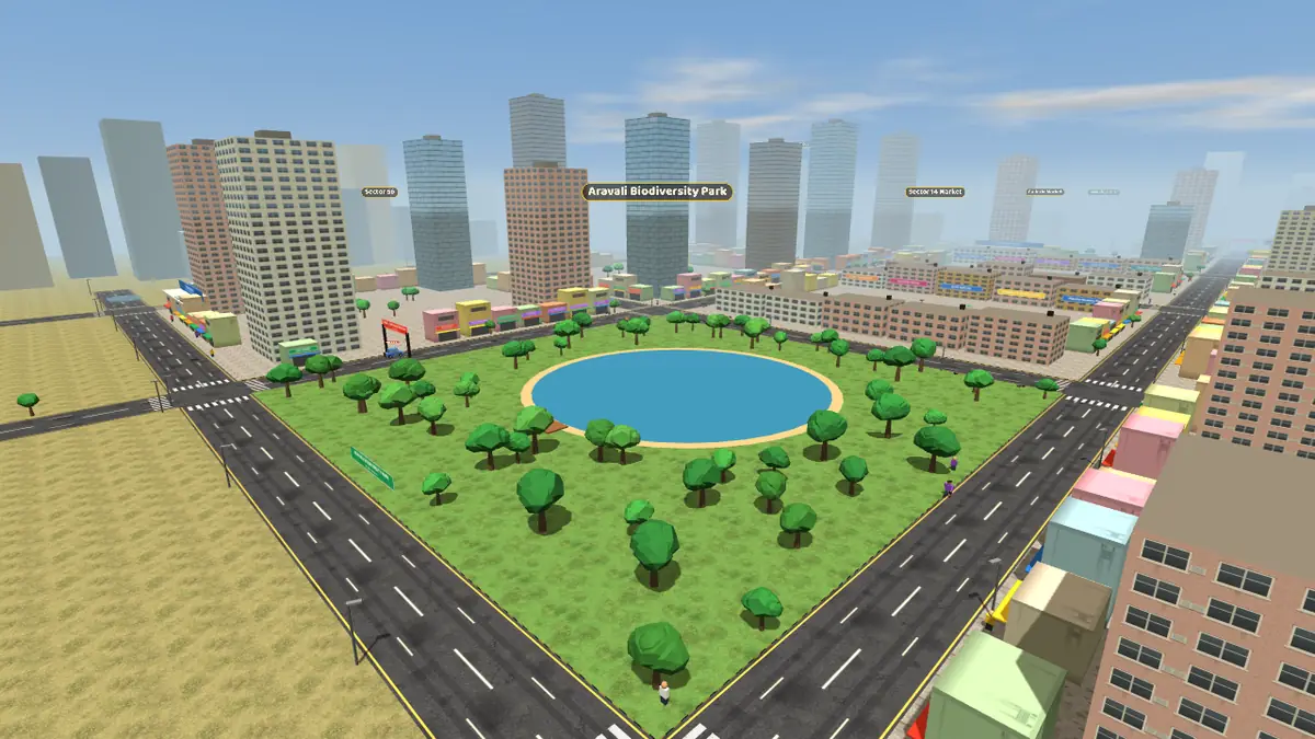 Aerial view of Aravali Biodiversity Park on the Gurugram Life game map