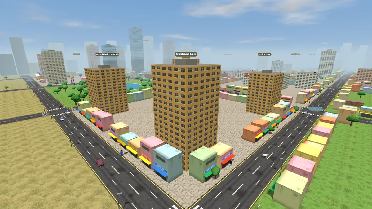 Aerial view of Sushant Lok on the Gurugram Life game map